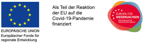 Logos der Europischen Union und Europa fr Niedersachsen, zwischen den Logos steht "Als Teil der Reaktion der EU auf die Covid-19-Pandemie finanziert"